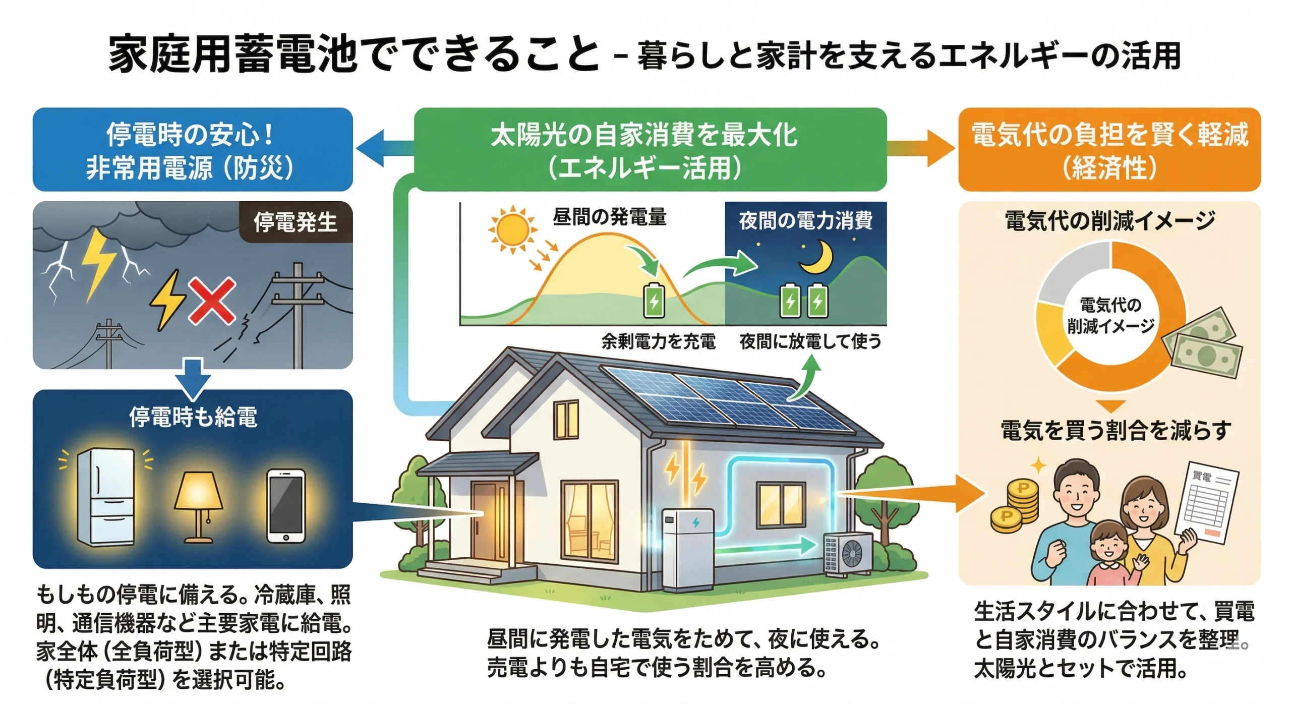 家庭用蓄電池でできることの図解