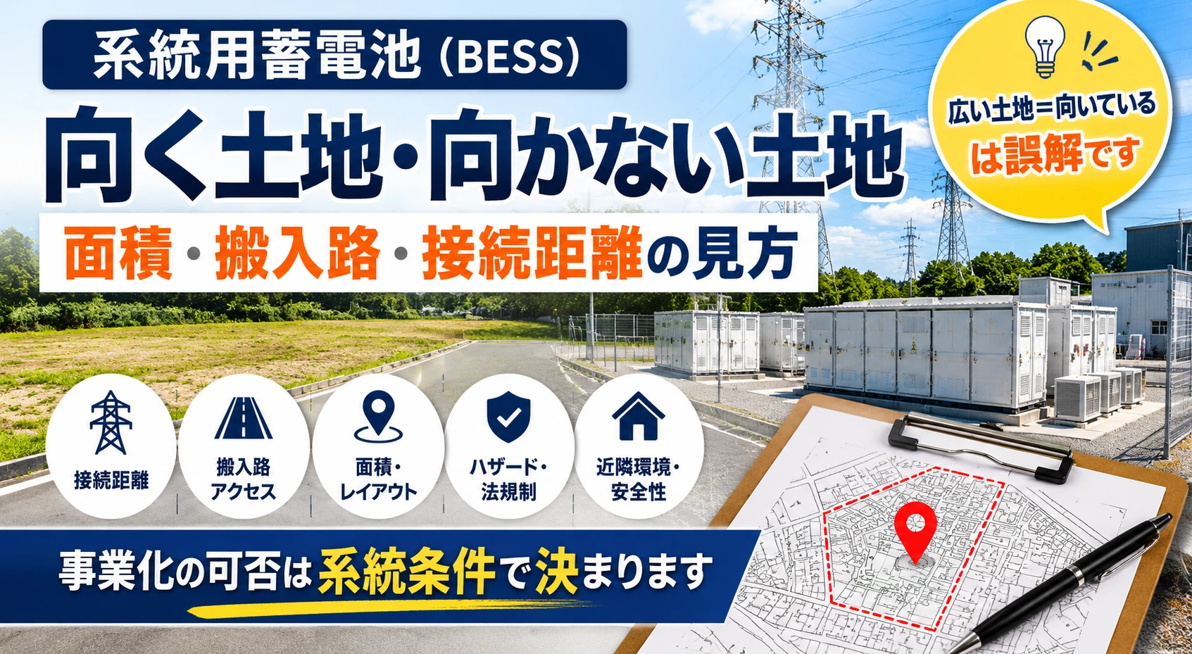 系統用蓄電池（BESS）に向く土地・向かない土地を解説するアイキャッチ画像。変電所・高圧線・蓄電池コンテナを背景に、面積・搬入路・接続距離・ハザード確認の重要性を示した図