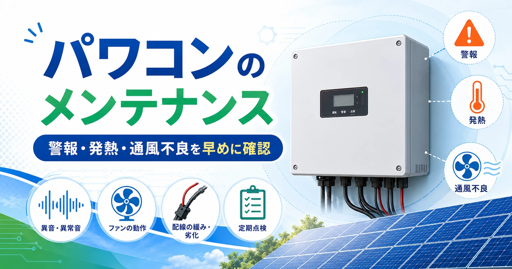 太陽光発電のパワコンメンテナンスで確認すべき警報、発熱、通風不良、異音、ファン動作、配線劣化を示すアイキャッチ画像