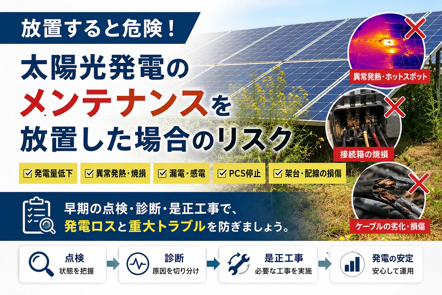 太陽光発電のメンテナンスを放置した場合の発電量低下、異常発熱、漏電、PCS停止リスクを示すイメージ