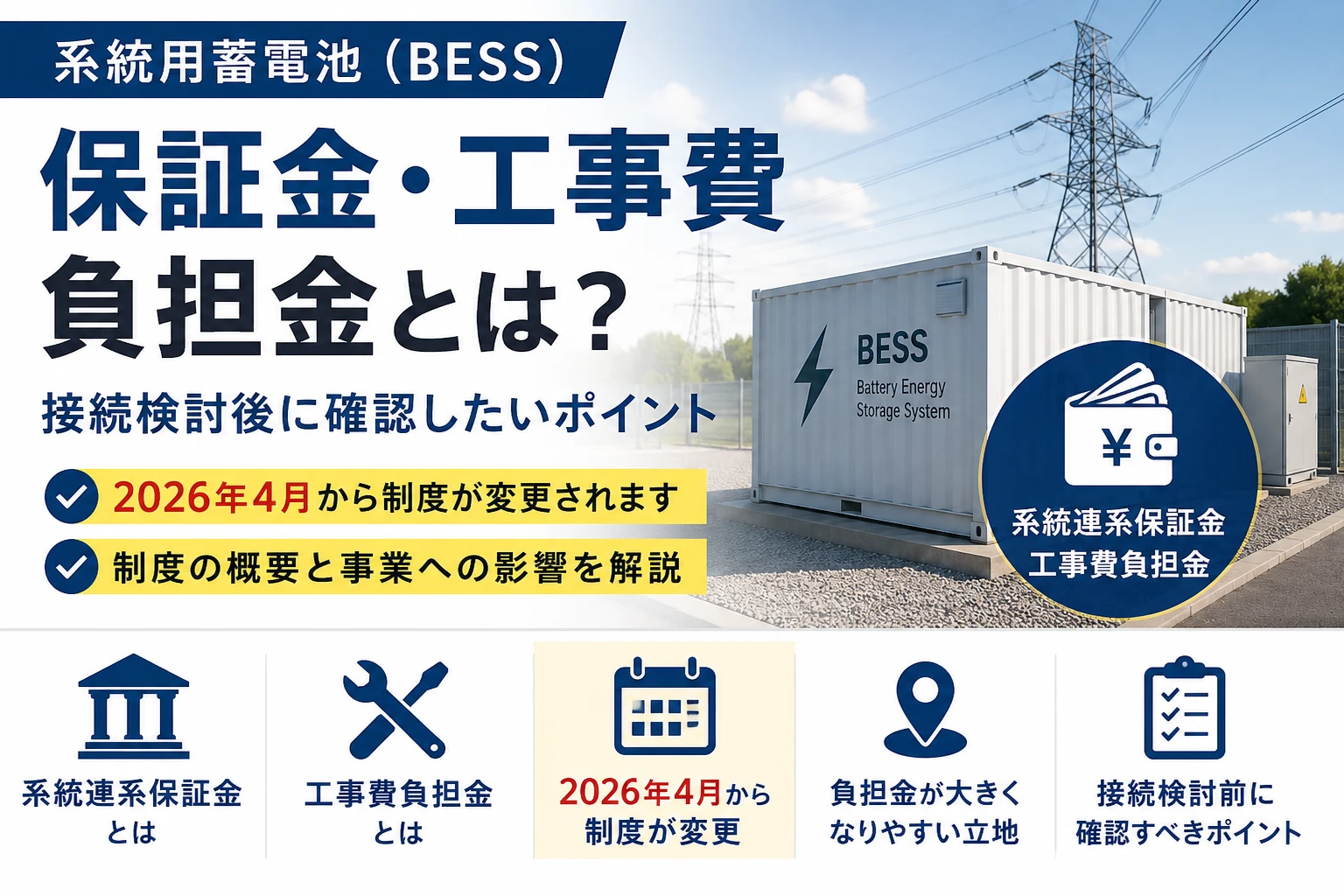系統用蓄電池の保証金・工事費負担金制度を解説するBESS事業イメージ
