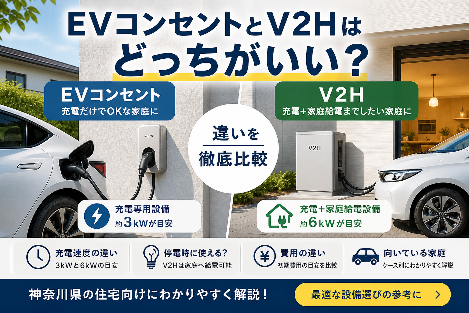 EVコンセントとV2Hの違い｜神奈川県の住宅向けに比較するイメージ