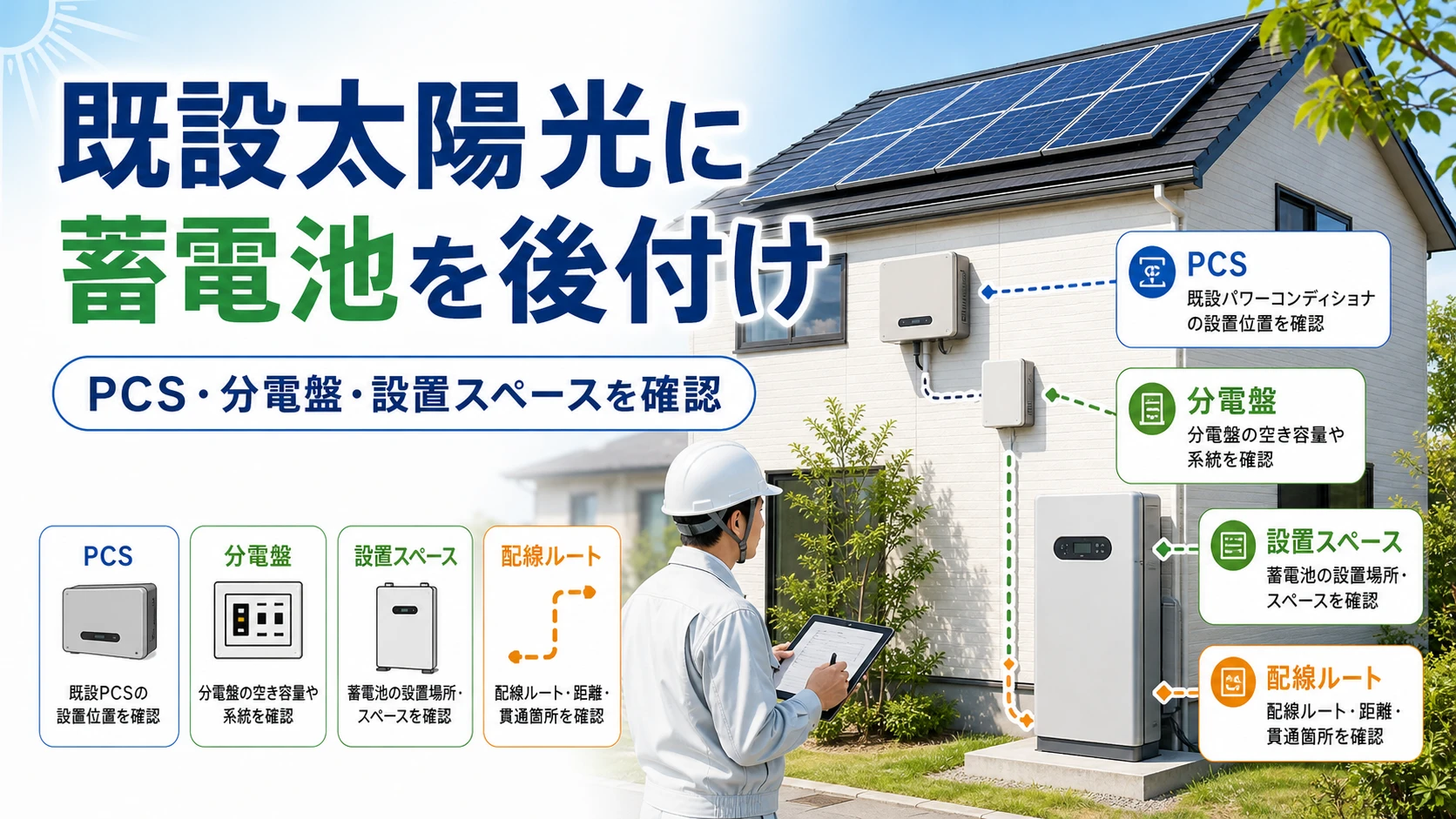 既設太陽光に蓄電池を後付けする前にPCS・分電盤・設置スペース・配線ルートを確認するイメージ