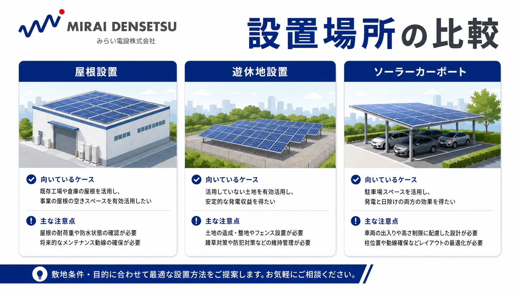 設置場所の比較:屋根設置・遊休地設置・ソーラーカーポートの向いているケースと主な注意点