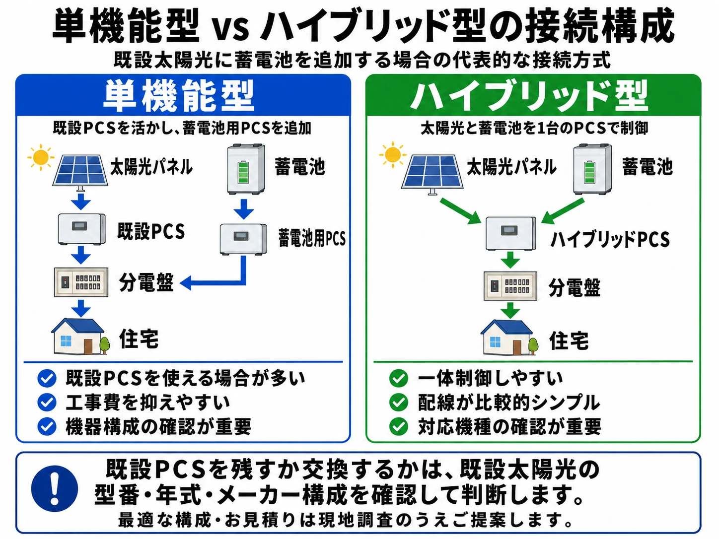 既設太陽光に蓄電池を追加する場合の単機能型とハイブリッド型の接続構成比較