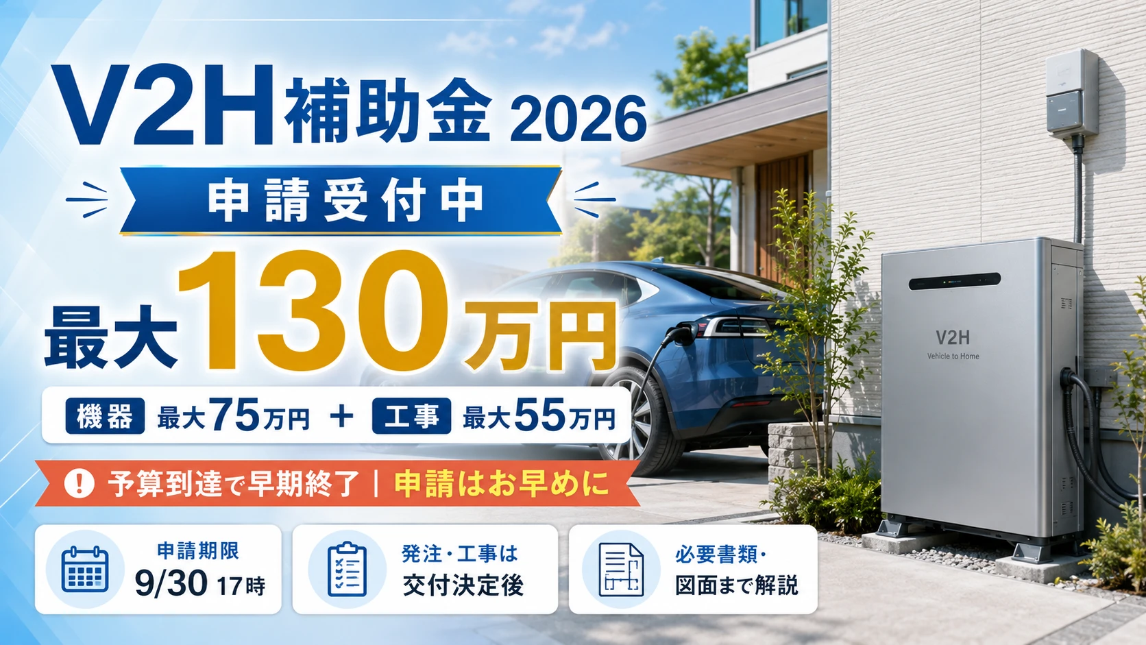 2026年V2H補助金｜最大130万円・申請受付中・機器最大75万円・工事最大55万円